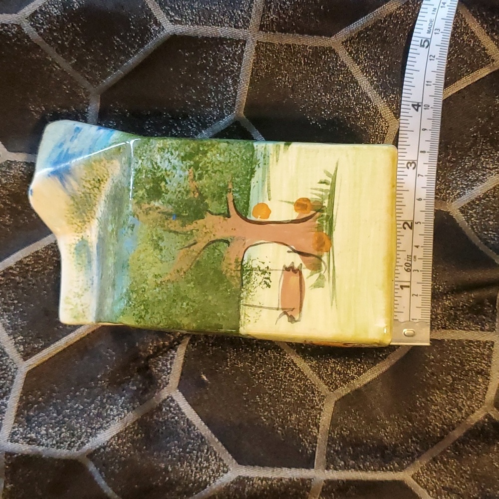 Hand painted ceramic  milk carton creamer  tree lake house